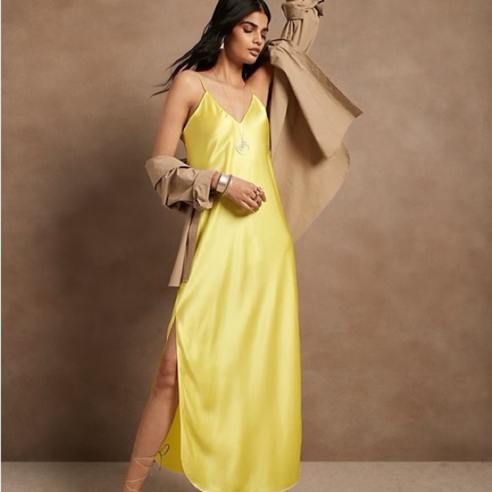 Banana Republic Dreamer Canary Yellow Silk Slip Maxi Dress Size S Tall
